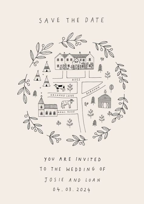 Save The Date Map Ideas, Wedding Invitation Hand Draw, Line Drawing Invitation, Wedding Invitations With Illustration, Drawn Save The Date, Original Save The Date, Cute Wedding Save The Dates, Useful Save The Date Ideas, Hand Drawn Save The Date Illustrations