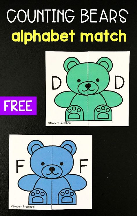 Use your bear counters with this FREE printable uppercase letter counting bears alphabet match. Perfect beginning letter recognition activity for preschool and kindergarten kids!   #abcprintables #freeabc Alphabet Manipulatives, Bear Activities Preschool, Preschool Bears, Bear Theme Preschool, Modern Preschool, Hibernation Activities, Bear Activities, Bears Preschool, Abc Game