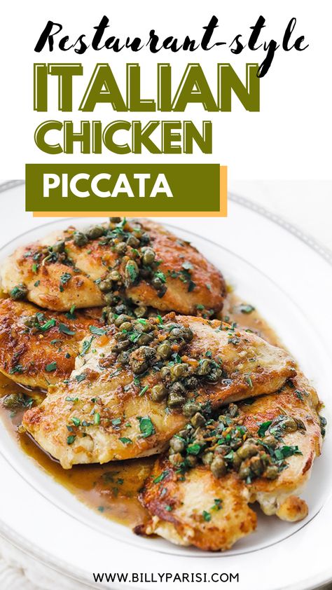 This restaurant-style Italian chicken piccata is made with pan-roasted chicken that is topped with a delicious white wine and caper butter sauce. This is a classic Italian dish that it as a favorite in Italian restaurants. It’s a simple yet elegant recipe you can easily make at home. Chicken Piccata Sauce Recipe, Best Chicken Piccata Recipe, Chicken Piccata Sides, Veal Piccata Recipe Giada, Make Ahead Chicken Piccata, Italian Chicken Cutlet Recipes, Best Chicken Cutlet Recipe, White Wine Chicken Recipes, Baked Chicken Piccata Recipe