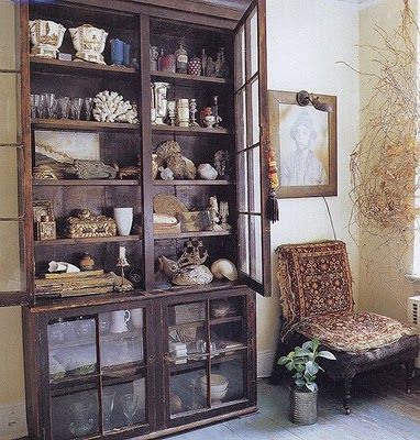 Cabinet Of Curiosity, Curiosity Cabinet, John Derian, Apothecary Bottles, Cabinet Of Curiosities, Love Home, Mercury Glass, Elle Decor, Art Display