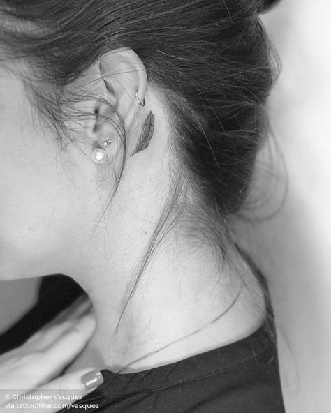 Feather Ear Tattoo Behind The, Arrow Ear Tattoo, Behind The Ear Feather Tattoo, Small Feather Tattoo Behind Ear, Feather Tattoo Back Of Neck, Behind The Ear Feather Tattoo Ideas, Feather Behind The Ear Tattoo, Neck Feather Tattoo, Small Budgie Tattoo