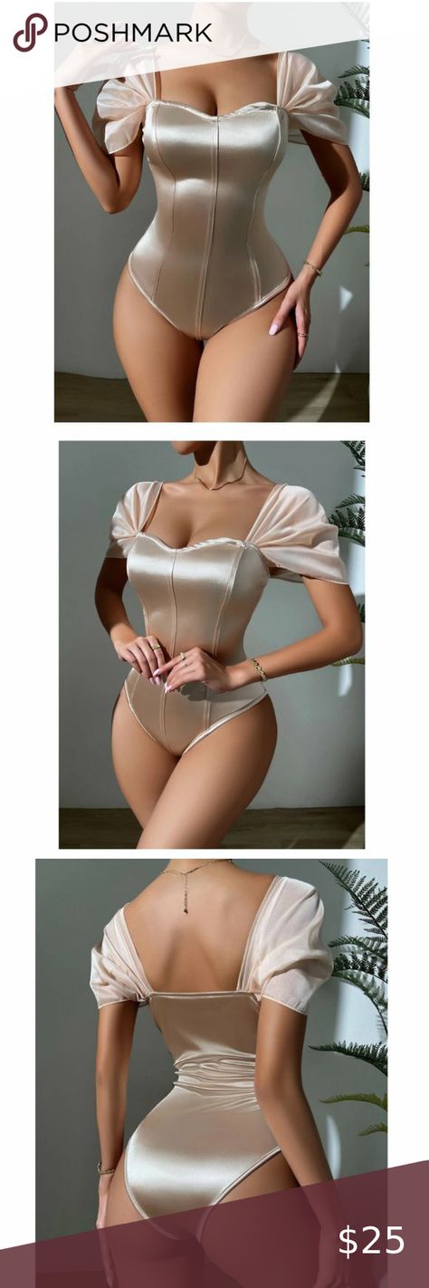 Champagne Satin Bodysuit Satin Bodysuit, Shein Tops, Satin Material, Holiday Party, Sweetheart Neckline, Puff Sleeves, New Color, Date Night, Puff Sleeve