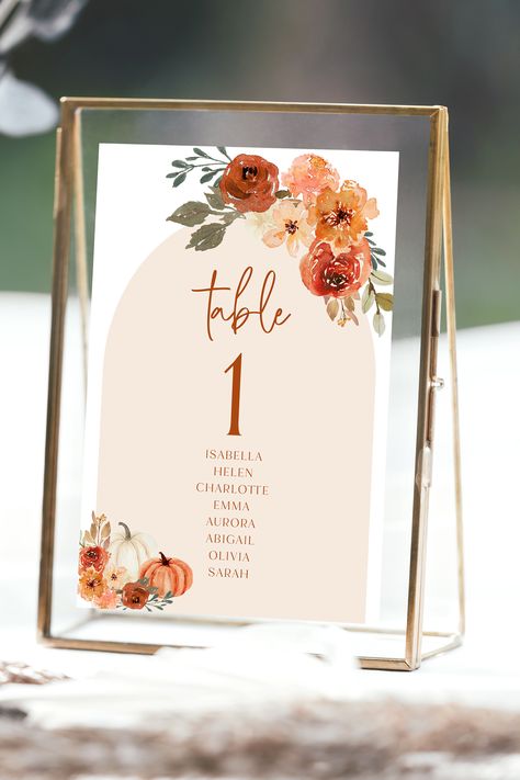 Fall Table Number, Arch Boho Fall Pumpkin Wedding Table Numbers, Printable Autumn Table Number Template, Terracotta Table Number Sign F1 Pumpkin Table Numbers, Pumpkin Wedding Table, Terracotta Wedding Decor, Wedding Table Number Ideas, Fall Wedding Table Numbers, Table Number Ideas, Wedding Table Assignments, Peach Wedding Decorations, Fall Wedding Table Decor