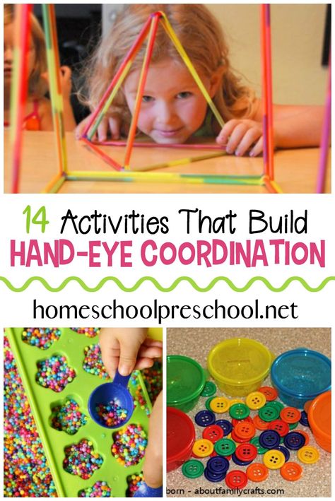 Discover 14 activities to strengthen hand eye coordination. All of these hand eye coordination activities feature play-based learning! #homeschoolprek #handeyecoordination #eyehandcoordination #finemotorskills #grossmotorskills Hand Eye Coordination Activities Preschoolers, Hand Eye Coordination Exercises, Hand And Eye Coordination Activities, How To Improve Hand Eye Coordination, Eye Hand Coordination Activities Kids, Eye Hand Coordination Activities Occupational Therapy, Eye Hand Coordination Activities, Physical Development Activities, Coordination Activities