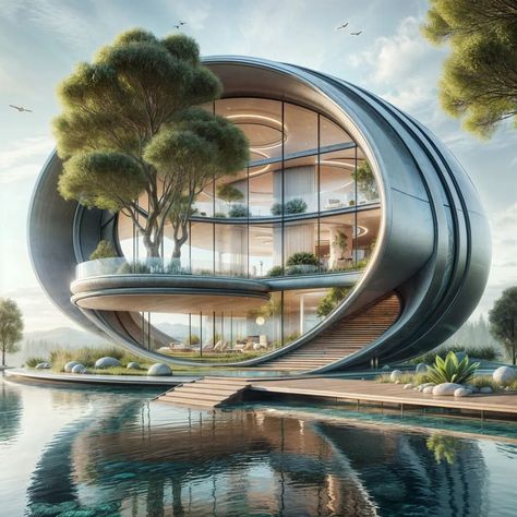 Futuristic Lake House Dream 🌊🏡 Welcome to the future! This AI-generated image showcases a stunning lake house with a modern exterior that blends seamlessly with nature. Perfectly designed for those who appreciate innovative architecture and serene living. Imagine waking up to this view every day! If you love futuristic designs and tranquil settings, give this post a like, share, and save! Let us know your thoughts in the comments. #DreamHomeGoals 🌟 #FuturisticHome #LakeHouse #ModernExterior ... Futuristic House Design Exterior, Futuristic House Exterior, Modern Futuristic House, Futuristic House Design, Futuristic Houses, Futuristic House, Futuristic Designs, Futuristic Home, House Dream