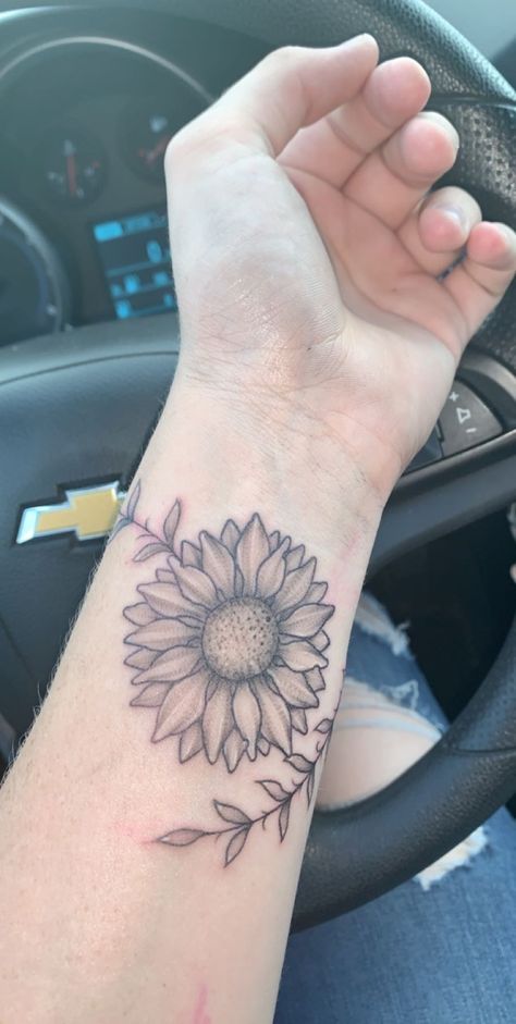 Sunflower Wrap Around Tattoo, Wrist Wrap Tattoo, Girl Shoulder Tattoos, Wrap Around Tattoo, Wrap Tattoo, Small Sunflower, Sibling Tattoos, Shoulder Tattoos, Sunflower Tattoos