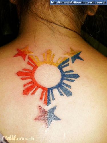 colorful filipino sun Philippines Sun Tattoo Woman, 3 Stars And A Sun Tattoo Filipino, Half Filipino Sun Tattoo, Philippine Sun Tattoo, Philippines Sun And Stars Tattoo, Naruto Shippuden The Movie, Half Filipino, Sun Tattoo Designs, Filipino Tattoos