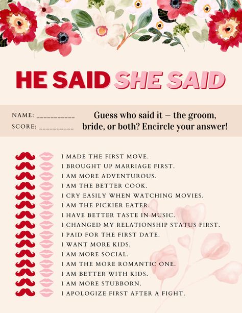 95 He Said She Said Bridal Shower Game - Questions/Answers He Said She Said Bridal Shower Game, He Said She Said Questions, Bride Shower Games, Bridal Shower Question Game, He Said She Said Game, Game Questions, I Get Jealous, Fun Bridal Shower Games, He Said She Said