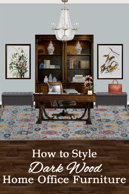 how to style dark wood furniture to make it feel lighter and brighter. how to style a bookcase. how to arrange a dark wood bookcase. Home inspo. Room ideas. Home decor. Room decor. Home. House interior. how to decorate with dark wood furniture. Mahogany Office Decor, Home Office Cherry Wood, Cherry Office Furniture, Home Office With Dark Wood Furniture, Dark Office Furniture, Dark Brown Office Desk, Mahogany Desk Office Decor, Cherry Office Furniture Decor, Dark Wood Study Room