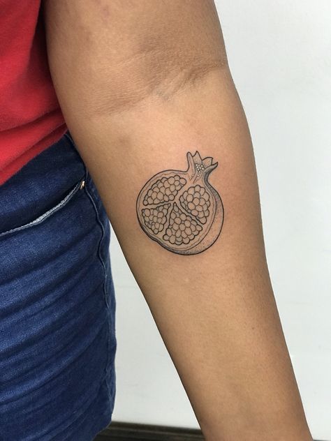 Tattooed by Ben at Fatty’s Tattoos and Piercing Pomegranate Tattoo Small Black, Simple Pomegranate Tattoo, Pommegrenade Tattoo, Small Pomegranate Tattoo, Pomagranet Tattoo Simple, Pomegranate Tattoo Simple, Aphrodite Tattoos, Fruit Tattoos, Pomegranate Tattoo