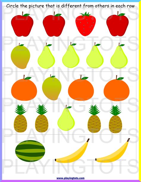 Free Learning Worksheets PDF for Toddlers and Preschoolers! Find The Odd One Out Worksheet, Odd One Out, Toddler Worksheets, Fruit Animals, Kindergarten Letters, Counting Worksheets, The Odd Ones Out, Owl Artwork, Quiet Time Activities