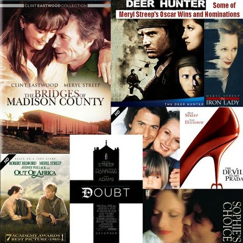 Meryl Streep's Oscar Wins and Nominations - How many Oscars has Meryl Streep won? And how many Oscar nominations? Here are the films that got her Academy Awards wins and nominations, with actors, directors, and subjects.    #celebrities #biographies #actresses Meryl Streep Movies, Sophie's Choice, Oscar Nominations, Oscar Award, Madison County, Movies List, Book Pins, Meryl Streep, Clint Eastwood