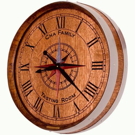 These 10 unique clocks are great for gifts! Wine Barrel Ideas, Home Cellar, Wine Barrel Clock, Rose Clock, Barrel Ideas, Barrel Projects, Barrel Decor, Home Wine Cellars, Hanging Clock