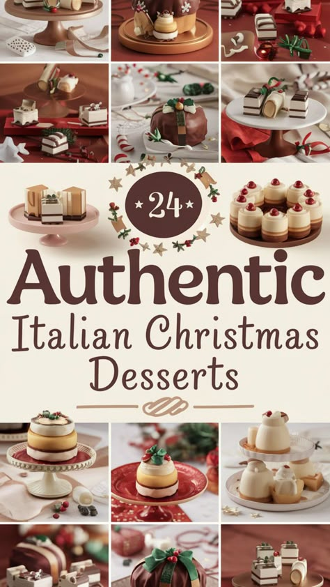 This image highlights a collection of **authentic Italian Christmas desserts**, featuring a variety of intricate, festive sweets. The desserts are beautifully presented on decorative plates and cake stands, showcasing traditional flavors with a modern twist, perfect for holiday celebrations. Italian Cakes Authentic, Christmas Italian Desserts, Italian Desserts Christmas, Sicilian Christmas Cookies, Authentic Italian Dessert Recipes, Fancy Christmas Food, Italian Tarts, Italian Desserts For A Crowd, Christmas Italian Dinner