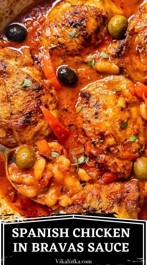 Try my Spanish Chicken recipe and add a touch of Mediterranean flare to your dinners! Spanish paprika flavoured chicken thighs are braised in a rich and tangy tomato sauce along with white beans and olives. Serve with rice and a simple salad. Chicken Casatorie Recipes, Spain Chicken Recipes, Medditeranean Chicken Thigh Recipes, Baked Chicken With Red Sauce, Spain Dishes Recipes, Chicken With Beans Recipes, Chicken Spanish Recipes, Spanish Chicken Recipes For Dinner, Spanish Chicken Casserole