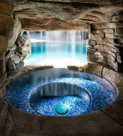 Pool With Cave Waterfalls, Wave Pool Backyard, Pool Grotto Waterfall, Huge Swimming Pools, Pool Grotto Ideas, Home Swimming Pool Ideas, Waterfall Pool Ideas, Endless Pool Indoor, Cool Pool Ideas