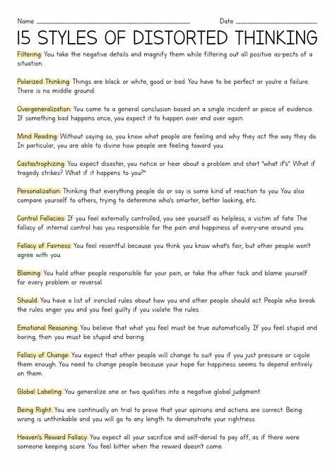 Unhealthy Thinking Styles, Distorted Thinking, Parts Work, Dialectical Thinking, Cognitive Distortions List, Intrusive Thinking, Distress Tolerance Activities, Cognitive Distortions Worksheet, Child Therapy Activities