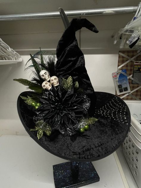 Goth Witch Hat, Decorated Witch Hat To Wear, Witch Hats Decorated, How To Decorate A Witches Hat To Wear, Decorated Witch Hat Ideas, Decorate Witch Hat Diy, Decorate A Witches Hat, Witch Centerpiece Ideas, Decorated Witches Hats Diy