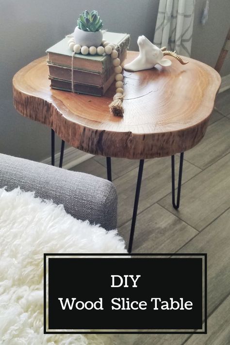 Wood Slice Side Table, Diy Wood Stump Side Table, Diy Wood Slice Table, Log Slice Table, Wood Slice Home Decor, Log Slices Ideas Diy Projects, Live Edge Side Table Diy, Wood Cookie Table, Homemade Tables Wood