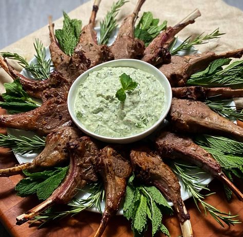 Mint Yogurt Sauce, Greek Lamb, Mint Sauce, Dinner Party Summer, Rack Of Lamb, Yogurt Sauce, Lamb Chops, Lunch Menu, Summer Dinner