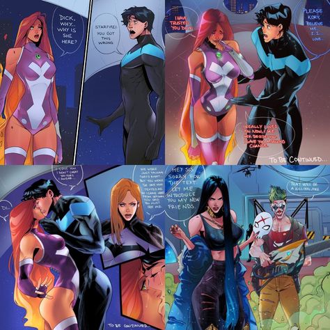 Nightwing Starfire Comics, Starfire And Nightwing Judas Contract, Star Fire X Nightwing, Nightwing X Starfire Fanart, Nightwing X Starfire Comics, Genderbent Starfire, Red X And Starfire, Kori Starfire, Night Wing X Starfire