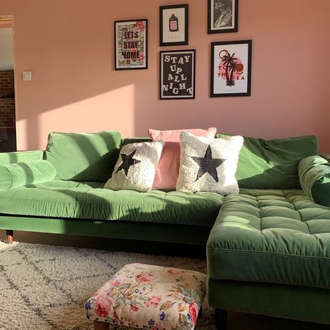 Staying In Studio on Instagram: “Can’t believe how many orders I’ve had this week, my kitchen looks like Primark on a Saturday afternoon! Hoping to sit here later on and…” Green And Pink Living Room, Bestie Apartment, Room Inspo Pink, Retro Apartment Decor, Green Couch Living Room, Frames Wall Art, Green Apartment, Girly Apartment Decor, Frames Wall