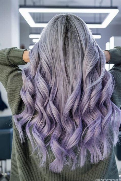 10 Chic Ways To Wear Gray Hair Without Looking Old 3 Grey Highlights Hair, Gray Purple Hair, Purple And Silver Hair, Lavender Hair Dye, Grey Hair Colour, Lavender Hair Ombre, Gray Hair Ideas, Chocolate Gray, Purple Grey Hair