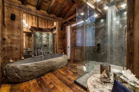 rustic stone bath tub idea Chrome Shower Fixtures, Copper Soaking Tub, Rustic Bath, Stone Bathtub, Luxury Ski Chalet, Tub Ideas, Stone Bathroom, Stone Bath, Luxury Ski