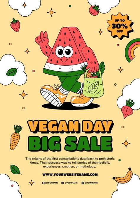 Hand-drawn Cool Watermelon Vegan Day Big Sale Poster Vegan Poster Design, Vegan Graphic Design, Big Sale Poster, Watermelon Poster, Vegan Poster, Fruit Poster, World Vegan Day, Design Apps, Self Portrait Poses