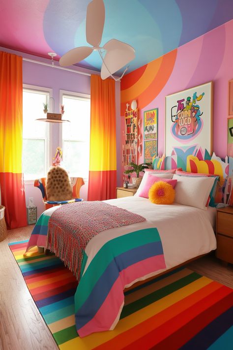 A bedroom bursting with Pride Parade energy! From the rainbow flag mural to the pride symbol patterns, it's a space that celebrates LGBTQ+ history and identity. Rainbow Theme Bedroom Ideas, Pride House Decor, Lgbtq Bedroom Ideas, Rainbow Aesthetic Room, Pride Bedroom Ideas, Lgbtq Room Ideas, Pride Bedroom, Rainbow Room Aesthetic, Rainbow Bedroom Ideas