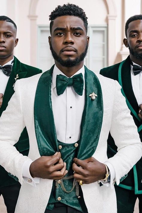 30 The Most Popular Groom Suits ❤ groom suits white jacket with green bow tie amyanaizphoto #weddingforward #wedding #bride Groom Suit White, Emerald Green Wedding Theme, Green Gold Weddings, Green Wedding Suit, Men Suits Wedding, Groom And Groomsmen Suits, Groom Suits, Wedding Tux, Green Tuxedo