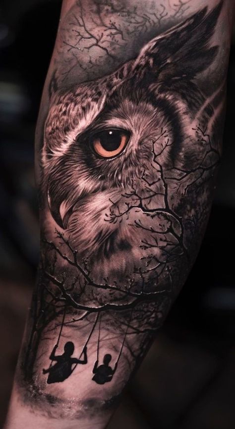 Owl Eye Tattoo, Mens Owl Tattoo, Realistic Owl Tattoo, Owl Tattoo Sleeve, Owl Tattoo Drawings, Forest Tattoos, Owl Tattoo Design, Best Sleeve Tattoos, Wolf Tattoos