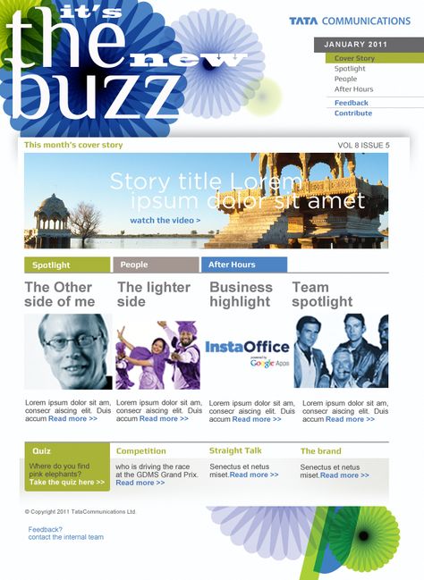 Internal Communications - Employee Newsletter - Tata Communications 2012 Company Newsletter Ideas Fun, Podcast Newsletter, Newsletter Design Print, Edm Template, Employee Newsletter, Newsletter Design Templates, Internal Comms, Newsletter Examples, Communication Strategies