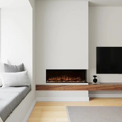 Indoor Electric Fireplaces | Stoke Fireplace Studio Modern Asymmetrical Fireplace, Staircase With Fireplace, Modern Fireplace With Seating Ledge, Minimal Electric Fireplace, Meditteranean Fireplace, Escea Gas Fireplace, Linear Fireplace And Tv Wall Ideas, Modern Fireplace With Bench, Small Modern Fireplace