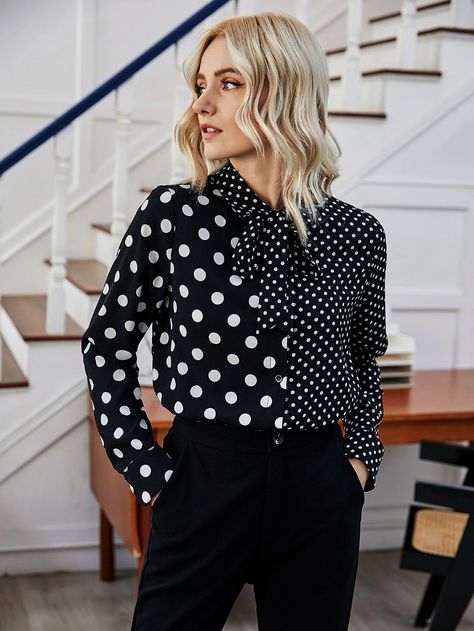 Tie Neck Polka Dot Button Front Blouse | SHEIN USA Stripes And Polka Dots Outfits, Polka Dot Outfits For Women, Polka Dot Blouse Outfit, Blouse Outfit Work, Women Work Blouse, Dots Fashion, Polka Dots Outfit, Polka Dots Fashion, Fashion Top Outfits