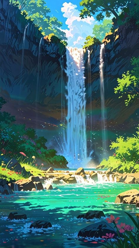 Nature's Magic in Every Frame 🌿🌸 #AnimeArt #WaterfallWonder#AnimeMagic #DreamyScenery #ArtOfTheDay Magical forest Zicxa.com Majestic Waterfall, Water Sparkling, Ultra 4k, Anime Landscape, Ancient Trees, Black Wall Street, Moss Covered, Art Gallery Wallpaper, Fantasy Art Landscapes