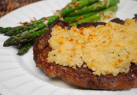 Parmesan Crusted Asparagus, Parmesan Crusted Steak, Steak Toppings, Valentines Day Dinner, Ribeye Steak, Steak Dinner, Crust Recipe, Beef Dishes, Steak Recipes