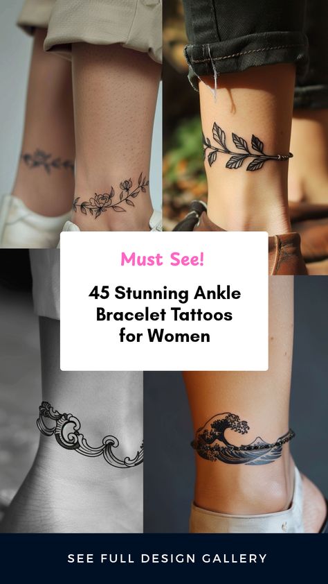 Explore 45 unique ankle bracelet tattoo ideas for women to elevate your style. This pin showcases varying designs that blend elegance with personal expression using 4 striking images. Ankle Bands Tattoos For Women, Ankle Cuff Tattoo For Women, Ankle Vine Tattoos For Women, Ankle Wrap Tattoo For Women, Fine Line Ankle Tattoos For Women, Flower Anklet Tattoos, Black Bracelet Tattoo, Anklet Tattoos For Women Unique, Ankle Bracelet Tattoos For Women