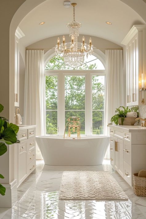 French House Decor Interior, French Aesthetic Interior, Bathtub In Front Of Window, Free Standing Bath Tub Ideas, Modern French Country Bathroom, Bathroom With Chandelier, Large Ensuite, Ornate Chandelier, Elegant Bathtub