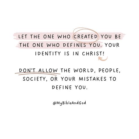 Your identity is in Christ! Don’t allow the world, people, society, or your mistakes to define you. Let God be the only one who defines you because He made you and He knows who you are and your identity. We all have those moments when the cares of our hearts are just so many, and if you experience this, let God’s word console and cheer your soul. Psalm 94:19 - and you will be reminded of who you are in Him. 👉 You are made in the image and likeness of God. (Genesis 1:27) 👉 You are fearfully... What God Knows About Me Quotes, God Guides Quotes, You Are Made In The Image Of God, Not Knowing Who You Are, Finding Identity In God, God Is With Us Quotes, God Cares For You Quotes, Created In The Image Of God, Gods Words Of Wisdom