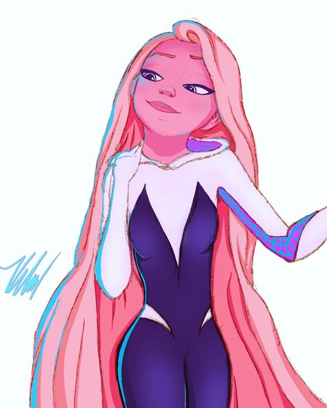 Spider-Punze. 💖 @arty_rachie on Instagram. #drawing #illustration #cartoon #art #digitalart #spiderman #spidergwen #rapunzel #tangled #disney #fanart Rapunzel Fanart Modern, Rapunzel Superhero, Rapunzel Reference, Spidergwen Fanart, Spider Gwen Fanart, Rapunzel Fanart, Tangled Disney, Disney Au, Spiderman Drawing