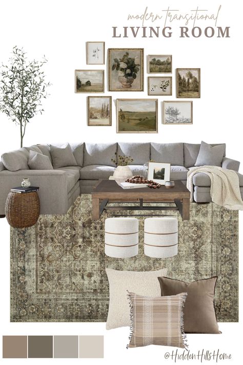 Living room decor mood board with a sectional sofa Dark Green And Neutral Living Room, Living Room Ideas Dark Couch, Gray And Dark Wood Living Room, Gray Couches Living Room, Organic Modern Living Room With Grey Couch, Sectional With 2 Chairs Layout, Sectional With Chairs Layout, Light Gray Couch Rug Ideas, Gray Leather Sectional Living Room