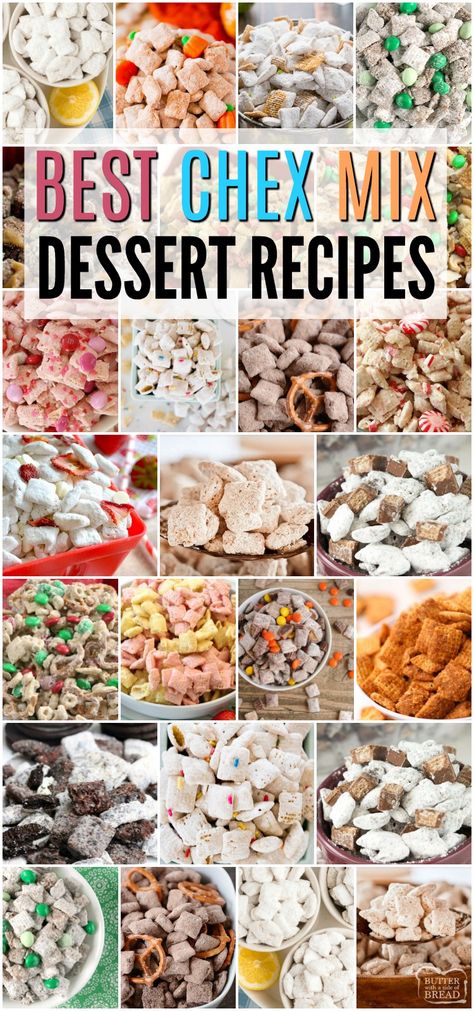 Chex Mix Dessert Recipes for everyone to enjoy! This compilation of our favorite Chex Mix Dessert Recipes from Lemon Muddy Buddies to Easy Peppermint Chex Mix is sure to be just what you're wanting for summer fun or holiday parties! #chexmix #dessertrecipes #yummysnacks #recipe from BUTTER WITH A SIDE OF BREAD Chex Mis Ideas, Homemade Chexmix Chex Mix Recipes, Chex Mix With Jello, Dessert Trail Mix Recipes, Holiday Chex Muddy Buddies, Snake Mix Recipes, Chex Snack Mix Recipes Sweets, Yummy Chex Mix Recipes, Chex Mix With Reeses Pieces