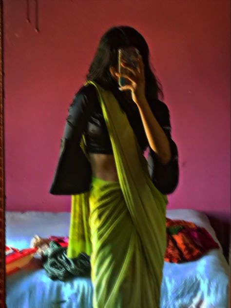 Green Saree With Black Blouse, Lime Green Saree, Khadi Saree, Black Saree, Green Saree, Aesthetic Rooms, Saree Look, Pink Saree, Green Blouse