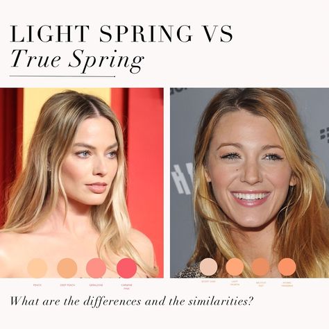 Light Spring VS True Spring comparison 🤍 . #coloranalysis #colouranalysis #lightspring #truespring #warmspring #margotrobbie #blakelively #coloranalyst Light Spring Vs Warm Spring, Soft Autumn Vs Light Spring, Warm Spring Celebrities, True Spring Celebrities, True Spring Hair Color, Warm Spring Hair Color, Light Spring Celebrities, Season Analysis, True Spring Color Palette