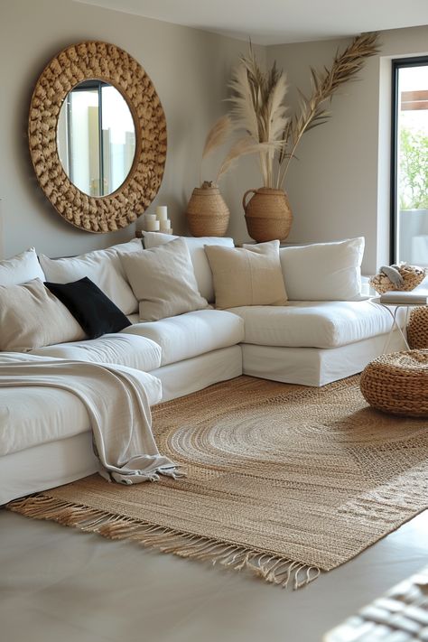 Brown Cream Home Decor, Tan Couch Boho Living Room, Boho Modern House Decor, Black And Cream House Decor, Cream Couch With Black Accents, Black Accents Interior Design, Rustic White Living Room Ideas, Neutral Living Room With Gold Accents, Cream And Wood Living Room Ideas