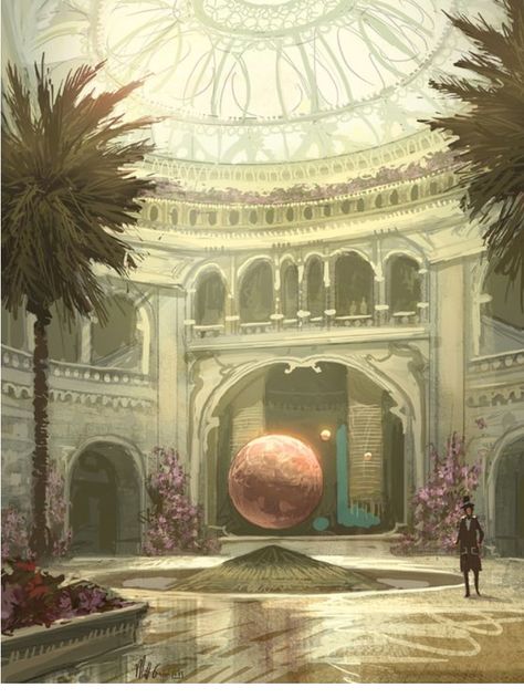 The Sun Sage temple. The sphere is at least half that size- I was thinking volleyball size. No plants, but a giant glass ceiling ordained with golden designs like that glass ceiling. Architecture like that. A giant Sun painted along the floor where that circle is. Curtains in the back covering it. Fantasy City, Fantasy Setting, Fantasy Places, Art Et Illustration, Fantasy Concept Art, Arte Fantasy, 판타지 아트, Environment Design, Alam Yang Indah