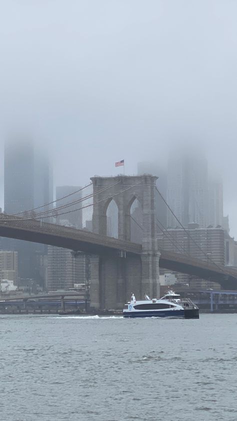 The Brooklyn Bridge during a foggy afternoon in NYC. Brooklyn Wallpaper, Foggy New York, Foggy New York City, Brooklyn Bridge Night Aesthetic, Brooklyn Bridge At Night, Walk Across Brooklyn Bridge, Bridge Wallpaper, Nyc Brooklyn Bridge Night, New York Wallpaper