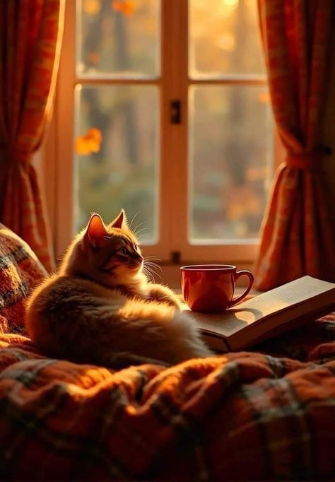 Bedroom Inspiration Cozy, Coffee Autumn, Cat Book, Cat Obsession, Flowery Wallpaper, Hygge Decor, Fall Day, Ginger Cats, Cozy Place