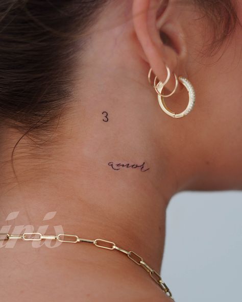 Neck tattoo, tiny tattoo, dainty, delicate, angel numbers, love, amor, luck Amor Tattoo Behind Ear, Amor Neck Tattoo, Angel Neck Tattoos Women, Love Neck Tattoo, Amor Tattoo Fonts Words, Dainty Angel Tattoo, Amore Tattoo Fonts, Name Behind Ear Tattoo, Dainty Ear Tattoos